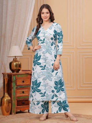 Teal Green Pure Cotton Floral Print Straight Fit Cotton Kurti Pant Co Ord Set For Women - Set Of 2