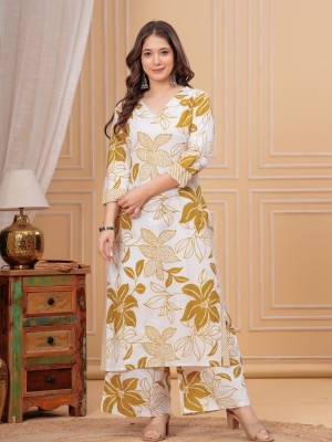 Yellow Pure Cotton Floral Print Straight Fit Cotton Kurti Pant Co Ord Set For Women - Set Of 2