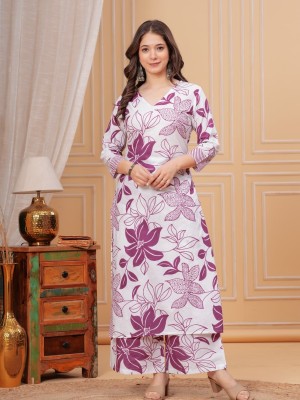 Purple Pure Cotton Floral Print Straight Fit Cotton Kurti Pant Co Ord Set For Women - Set Of 2
