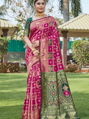 Pink Cotton Woven Silk Jacquard Banarasi Art Indian Traditional Wear Saree with Unstitched Blouse Piece 