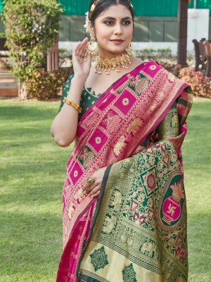 Pink Cotton Woven Silk Jacquard Banarasi Art Indian Traditional Wear Saree with Unstitched Blouse Piece 