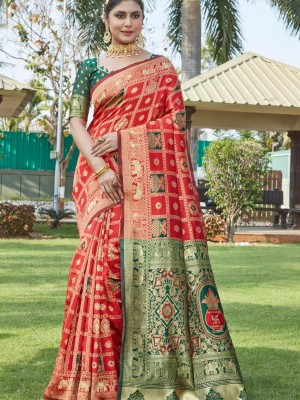 Red Indian Designer Women Multi colored Kanjivaram Party Wear Banarasi Silk Jacquard Pattu Saree