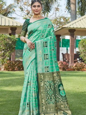 Turquoise Banarasi Cotton Silk Jacquard Saree Woven Design Ethnic Motifs Zari Saree with Contrast Pallu
