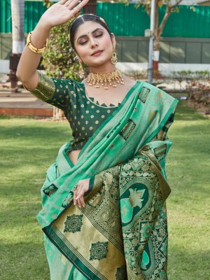 Turquoise Banarasi Cotton Silk Jacquard Saree Woven Design Ethnic Motifs Zari Saree with Contrast Pallu