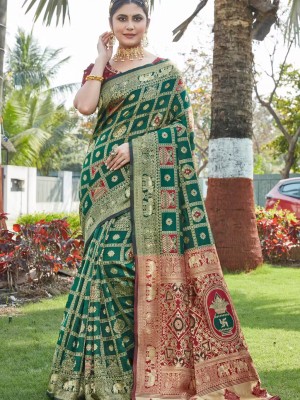 Green Stunning Ethnic Woven Kanjivaram Jacquard Saree Banarasi Silk Saree Indian Patola Silk Saree