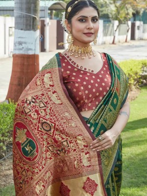 Green Stunning Ethnic Woven Kanjivaram Jacquard Saree Banarasi Silk Saree Indian Patola Silk Saree