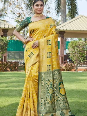 Yellow Traditional Indian Festival Designer Kalash Silk Saree Banarasi Silk Jacquard Saree with Blouse