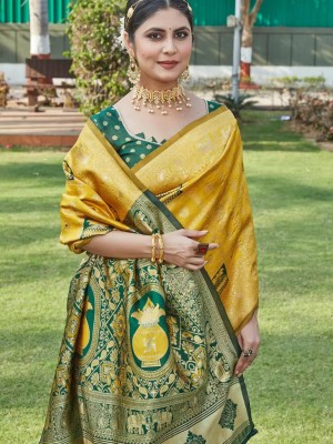 Yellow Traditional Indian Festival Designer Kalash Silk Saree Banarasi Silk Jacquard Saree with Blouse