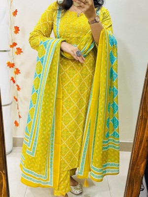 Beautiful Bandhej Printed A-Line Cotton Kurti Pant Dupatta Salwar Kameez For Women (Set Of 3)