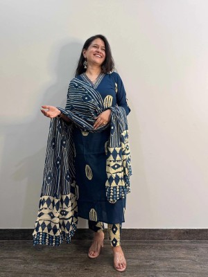 Blue Printed Embroidery On Neck A-Line Cotton Kurti Pant Dupatta Salwar Kameez For Women (Set Of 3)