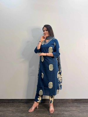 Blue Printed Embroidery On Neck A-Line Cotton Kurti Pant Dupatta Salwar Kameez For Women (Set Of 3)
