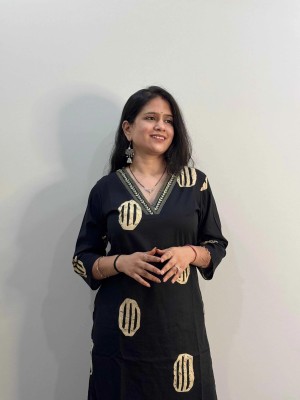 Black Printed Embroidery On Neck A-Line Cotton Kurti Pant Dupatta Salwar Kameez For Women (Set Of 3)