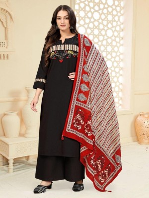 Black Embroidery And Mirror Work On Neck A-Line Cotton Kurti Plazo Dupatta Salwar Kameez For Women (Set Of 3)