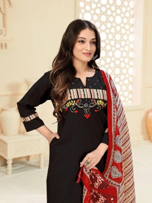 Black Embroidery And Mirror Work On Neck A-Line Cotton Kurti Plazo Dupatta Salwar Kameez For Women (Set Of 3)