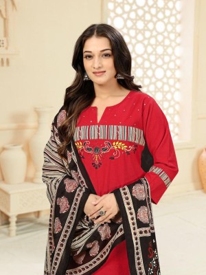 Red Embroidery And Mirror Work On Neck A-Line Cotton Kurti Plazo Dupatta Salwar Kameez For Women (Set Of 3)