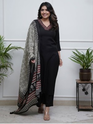 Black Embroidery Work On Neck Cotton Kurta Pant With Dupatta Salwar Kameez For Women (Set Of 3)