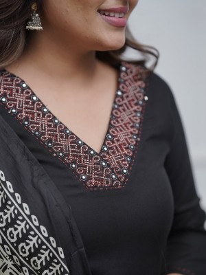 Black Embroidery Work On Neck Cotton Kurta Pant With Dupatta Salwar Kameez For Women (Set Of 3)