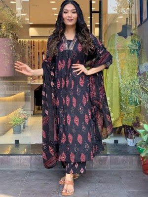 Black Ikkat Print Embroidery Work Cotton Kurta Pant With Dupatta Salwar Kameez For Women (Set Of 3)