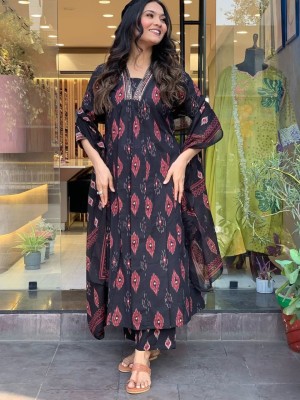 Black Ikkat Print Embroidery Work Cotton Kurta Pant With Dupatta Salwar Kameez For Women (Set Of 3)
