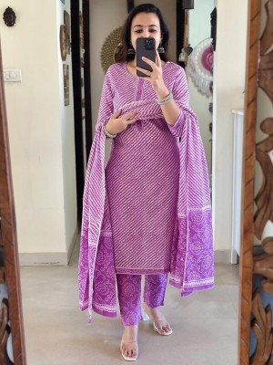 Beautiful Lavender Lehriya Print Cotton Kurta Pant With Dupatta Salwar Kameez For Women (Set Of 3)