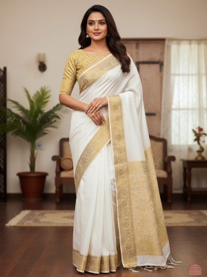 Elegant Traditional Banarasi Silk Saree in White with Gold Zari Floral Print Border Solid Woven Saree