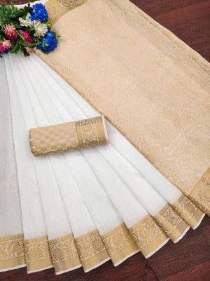 Elegant Traditional Banarasi Silk Saree in White with Gold Zari Floral Print Border Solid Woven Saree