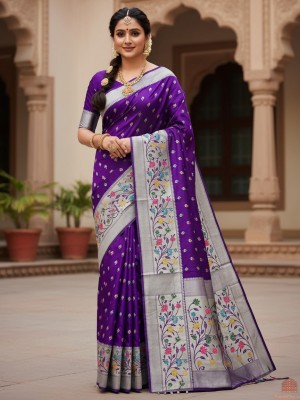 Purple Multi Ethnic Indian Handloom Pure Paithani Silk Saree Beautiful Motifs Border with Blouse Piece