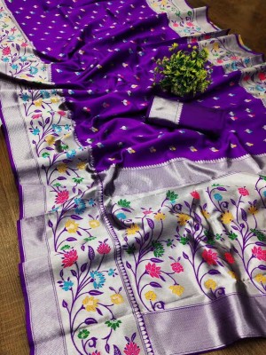 Purple Multi Ethnic Indian Handloom Pure Paithani Silk Saree Beautiful Motifs Border with Blouse Piece