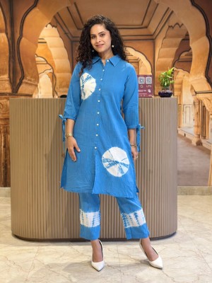 Blue Tye Dye Print Indian Cotton Salwar Kameez Kurti Pant Summer Co Ord Set for Women (Set of 2)