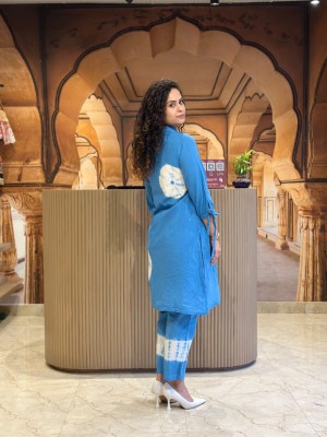 Blue Tye Dye Print Indian Cotton Salwar Kameez Kurti Pant Summer Co Ord Set for Women (Set of 2)