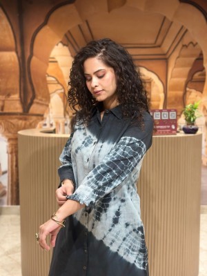 Dark Grey Tye Dye Print Indian Cotton Salwar Kameez Kurti Pant Summer Co Ord Set for Women (Set of 2)