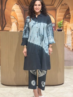 Dark Grey Tye Dye Print Indian Cotton Salwar Kameez Kurti Pant Summer Co Ord Set for Women (Set of 2)