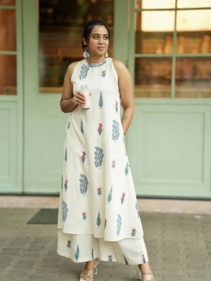 Nitya White Floral Printed Sleeveless Cotton Salwar Kameez Kurti Pant Co Ord Set for Women