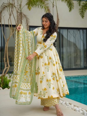 Sanya Indian Pakistani Anarkali Cream Yellow Malmal Cotton Suit Kurti Pant Dupatta Set Salwar Kameez for Women