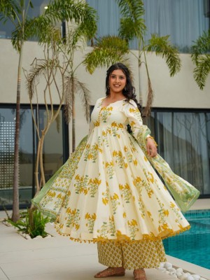 Sanya Indian Pakistani Anarkali Cream Yellow Malmal Cotton Suit Kurti Pant Dupatta Set Salwar Kameez for Women