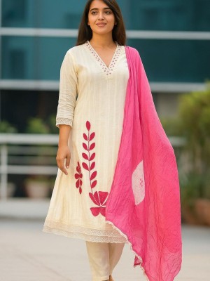 Khushi Indian Pakistani Anarkali White Cotton Suit Kurti Pant Dupatta Set Salwar Kameez for Women