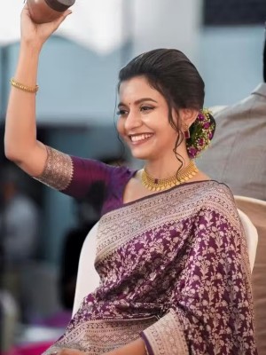 Elegant Wine Color Ethnic Banarasi Jacquard Silk Saree Party Wear Women Saree with Blouse Piece