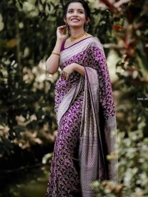 Elegant Wine Color Ethnic Banarasi Jacquard Silk Saree Party Wear Women Saree with Blouse Piece