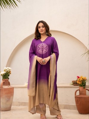 Purple Tie Dye Circular Printed Work On V-Neck Cotton Kurta Pant With Malmal Dupatta (Set Of 3)