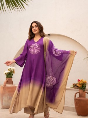 Purple Tie Dye Circular Printed Work On V-Neck Cotton Kurta Pant With Malmal Dupatta (Set Of 3)