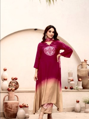 Magenta Tie Dye Circular Printed Work On V-Neck Cotton Kurta Pant With Malmal Dupatta (Set Of 3)
