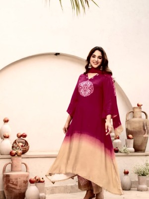 Magenta Tie Dye Circular Printed Work On V-Neck Cotton Kurta Pant With Malmal Dupatta (Set Of 3)