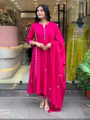 Zeevika Rani Pink Cotton Embroidery Kurti Pant Dupatta Set Salwar Kameez for Women- Set of 3