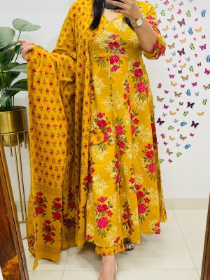 Beautiful Floral Printed Anarkali V-Neck Cotton Kurta Pant With Dupatta Salwar kameez For Women (Set Of 3)