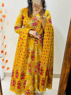 Beautiful Floral Printed Anarkali V-Neck Cotton Kurta Pant With Dupatta Salwar kameez For Women (Set Of 3)