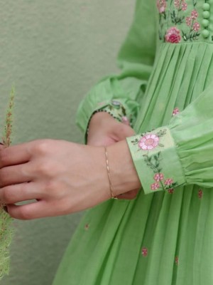 Soniya Indian Pakistani Anarkali Light Green Cotton Embroidered Suit Kurti Pant Dupatta Set Salwar Kameez for Women - Set of 3