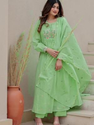 Soniya Indian Pakistani Anarkali Light Green Cotton Embroidered Suit Kurti Pant Dupatta Set Salwar Kameez for Women - Set of 3