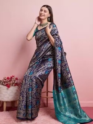 Stunning Blue & Seagreen Multicolor Banarasi Silk Saree Beautiful Ethnic Indian Saree with Blouse Piece