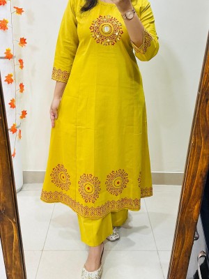 Yellow Block Printed Mirror Work On Yoke Anarkali Cotton Kurti Plazzo Set For Women (Set of 2)