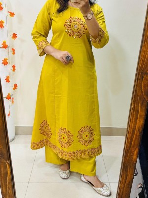 Yellow Block Printed Mirror Work On Yoke Anarkali Cotton Kurti Plazzo Set For Women (Set of 2)
